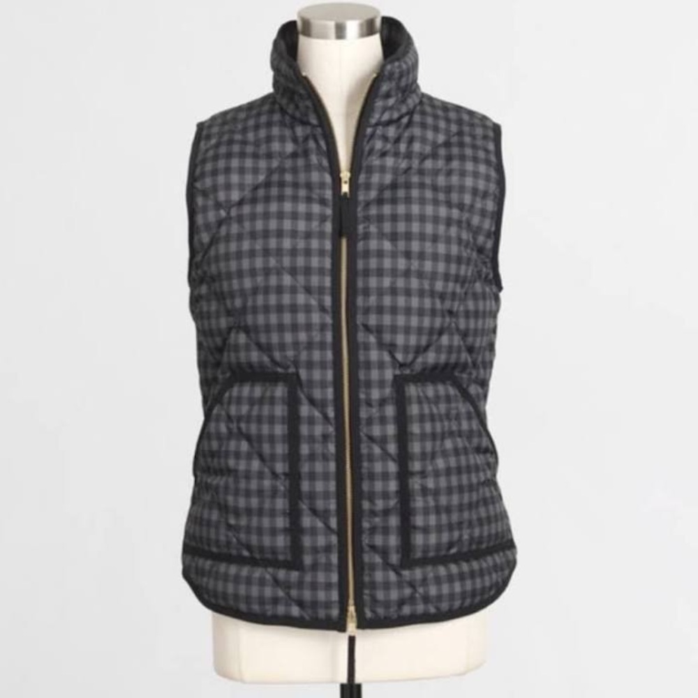 J. Crew Womens Gray & Black Checkered Plaid Quilted Down Puffer Vest